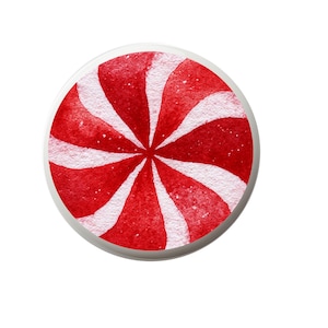 May include: A round, red and white peppermint candy with a watercolor effect. The candy has a white border and a spiral design of red and white stripes. The image is set against a white background.