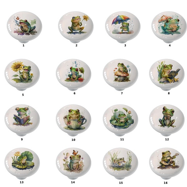 Whimsical Forest Frogs Set #2 Decorative Round Drawer Knob  / You Choose Design / Material. Designs come in Ceramic or Nylon Polymer