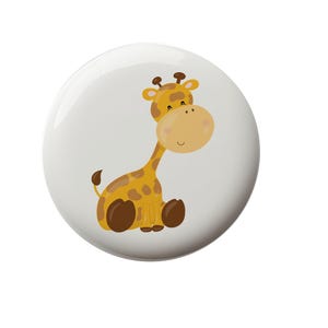 May include: A cute cartoon giraffe with brown spots and a light brown body sits on a white background. The giraffe has a light brown face with a smile and closed eyes.