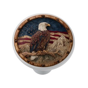 May include: A white cabinet knob with a detailed carved design. The design features a bald eagle perched on a branch, with the American flag and mountains in the background. The knob is framed by a wooden border.