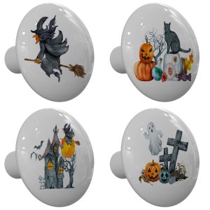 Set of 4 Halloween Witches Brew Decorative Ceramic Round Drawer Knobs