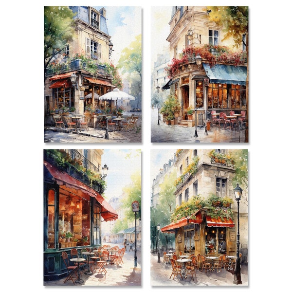 Set of 4 Watercolor Summer in Paris Art Semi Gloss 8" x 10" Wall Prints / Paris Cafe Art / European Art