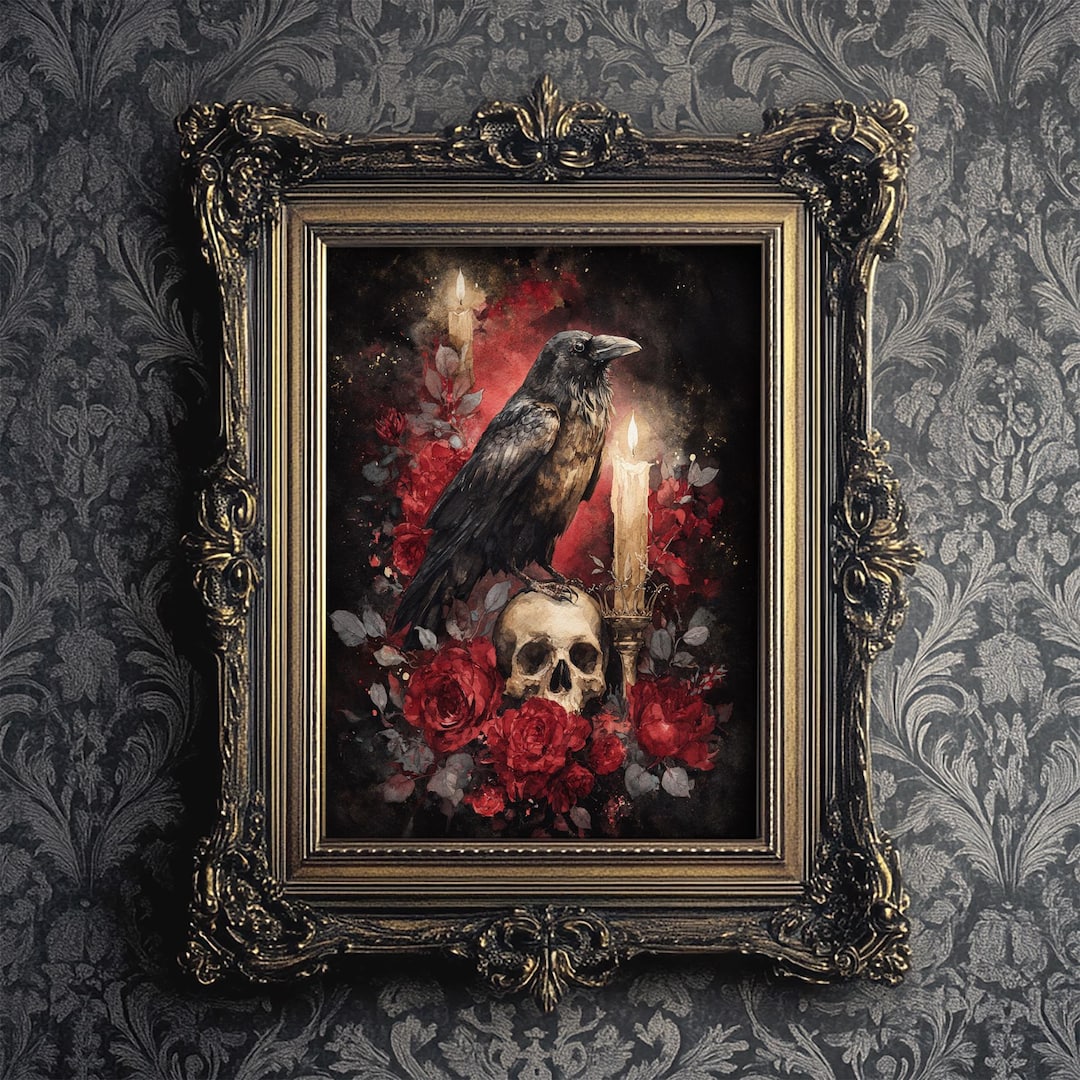 Raven and Skull Print: Gothic Red Roses Wall Art - Etsy