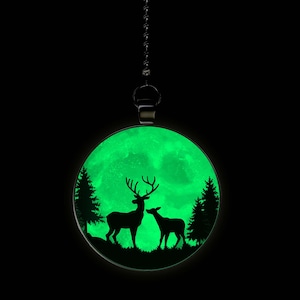 Buck and Doe Deer in Evergreen Forest Glow in the Dark Ceiling Fan / Light Pull Pendant with Chain