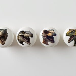 May include: Four white ceramic knobs with dinosaur faces. The knobs feature a Tyrannosaurus Rex, a Velociraptor, a Dilophosaurus, and a Triceratops.