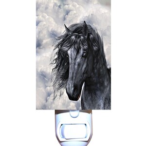 May include: A black horse's head with a flowing mane against a backdrop of white clouds. The horse's eye is visible, and its nose is slightly pointed. The image is used for a nightlight.