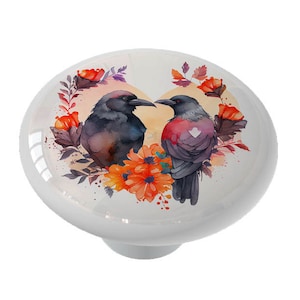 Gothic Crow Pair in Heart Decorative Decorative Ceramic Round Drawer Knob