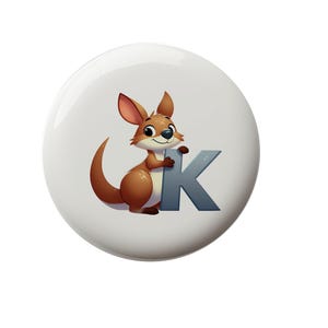 May include: A brown kangaroo holding a blue letter K. The letter is large and the kangaroo is small. The background is white.