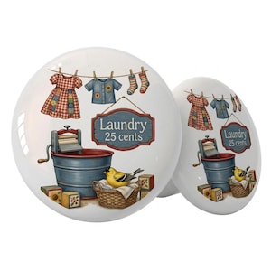 Set of 2 Ceramic Drawer Cabinet Knobs - Laundry 25 Cents 1.5" Round