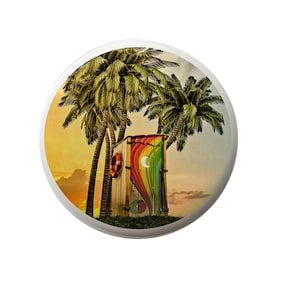 May include: A colorful outhouse with a rainbow door and a crescent moon on the door, surrounded by palm trees against a sunset sky.