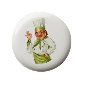 May include: A cartoon chef wearing a white chef's hat and a green apron gives a thumbs up with a smile.