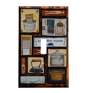 May include: A light switch cover with a vintage laundry room theme. The cover features a collage of images including a washboard, a clothesline, a basket, and an iron. The text "Laundry Room" is featured on the cover.