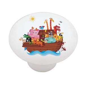 May include: A colorful illustration of Noah's Ark with a variety of animals on board, including a pink elephant, a giraffe, a zebra, and a monkey. The ark is brown with a white wave underneath it.