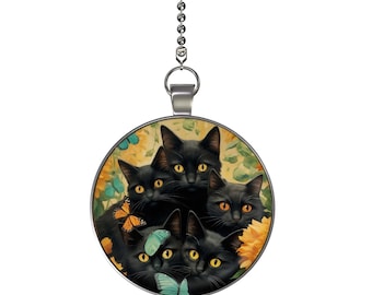 Black Cats and Butterflies Ceiling Fan / Light Pull Pendant with Chain - You Choose Single or Double Sided