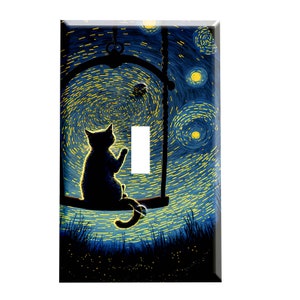 May include: A black cat sits on a swing against a blue and yellow starry night background. The cat is looking up at the stars. The swing is made of rope and wood. The background is a painting of a starry night.
