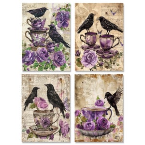 May include: Four vintage-inspired art prints featuring black crows perched on teacups and surrounded by purple flowers. The background of each print is a distressed, antique-looking paper with text.