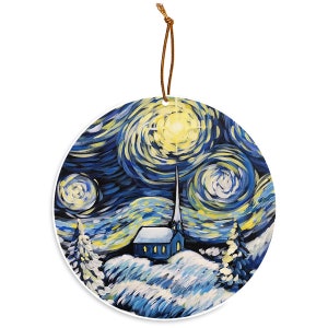 May include: A round ceramic ornament with a painting of a starry night sky with a church in the foreground. The church is blue with a white roof and a tall steeple. The sky is a dark blue with swirling yellow and white stars.