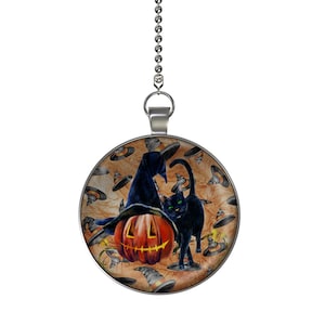 Black Cat Halloween Magic Ceiling Fan / Light Pull Pendant with Chain