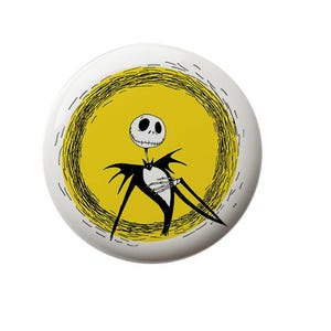 May include: A black and white illustration of Jack Skellington, the Pumpkin King from The Nightmare Before Christmas, standing in a yellow circle.