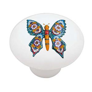 May include: White ceramic knob with a colorful butterfly design. The butterfly has blue, green, orange, yellow, red, and white details.