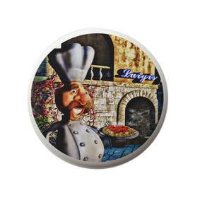 May include: A cartoon chef with a white hat and a red and white striped shirt stands in front of a brick oven with the word "Luigi's" above it. The chef is holding a plate of spaghetti with red sauce.