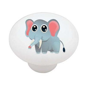 May include: A ceramic knob with a cartoon illustration of a gray elephant with pink ears and big eyes. The elephant has a small pink nose and white tusks.