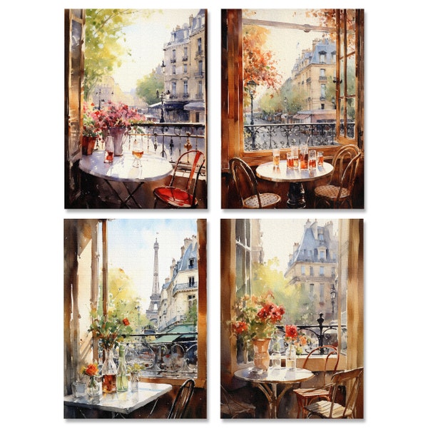 Set of 4 Watercolor Cafe in Paris Art Semi Gloss 8" x 10" Wall Prints / Paris Cafe Art / European Art