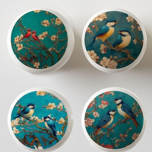 May include: Four round cabinet knobs with bird and floral designs. Each knob features a different pair of birds perched on flowering branches against a teal background. The knobs have a white border.