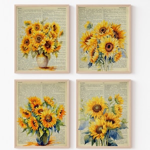 May include: Four vintage dictionary pages with watercolor illustrations of sunflowers in blue vases. The pages are framed in wood.