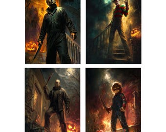 Set of 4 80s Slasher Horror Movie Icons Halloween Semi Gloss 8" x 10" Wall Prints