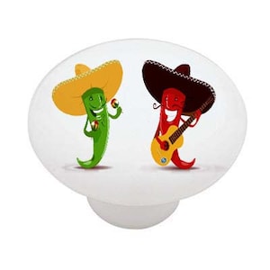 May include: Two cartoon chili peppers wearing sombreros. One pepper is green and playing maracas, the other is red and playing a guitar.