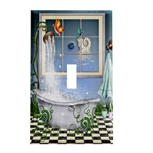 May include: A light switch cover featuring a whimsical illustration of a bathtub with bubbles, a shower head with water flowing, a window with a seashell and butterflies, and a checkered floor.