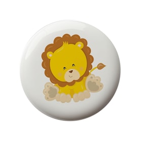 May include: A cute cartoon lion with a brown mane and yellow fur. The lion is sitting with its paws in the air and has a happy expression on its face.