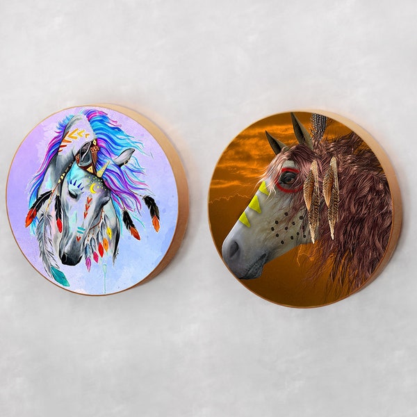 Set of 2 Native American War Horses Wooden Refrigerator Magnets