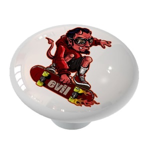 May include: A red devil with horns and sunglasses is skateboarding. The skateboard is red and black with flames on the bottom. The skateboard says "EVIL" on it.