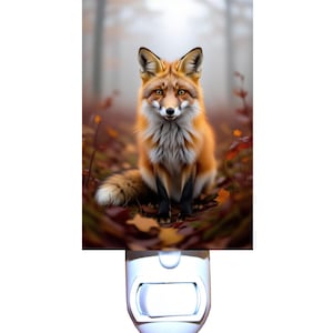 May include: A night light featuring a detailed illustration of a red fox with a white chest and black legs, set in a forest scene with autumn leaves. The fox is the focal point, with a soft, blurred background. The night light has a white plastic base.