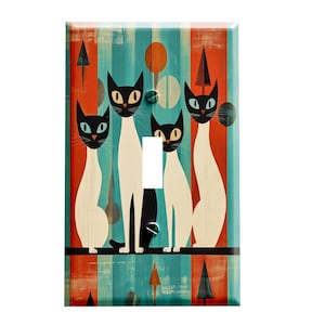 May include: A light switch cover with a retro design featuring four stylized cats in black and white against a background of turquoise, orange, and red stripes.
