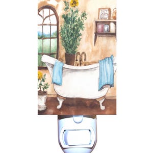 May include: Watercolor night light featuring a vintage bathroom scene. A white clawfoot bathtub is the focal point, with blue towels draped over the side. The background includes a window, potted plants, and a shelf. The night light is white.