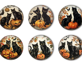 May include: Six round glass ornaments with black cats and pumpkins. Each ornament features a pair of black cats with orange pumpkins and fall leaves. The ornaments are perfect for Halloween decorations.