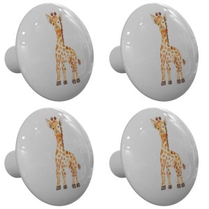 May include: Set of four ceramic cabinet knobs featuring a watercolor illustration of a giraffe on a light gray background.