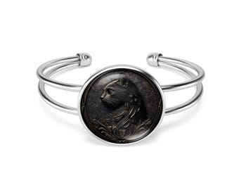 Cameo Style Black and Gold Cat Bangle Cuff Bracelet or Leather Bracelet / You choose Style
