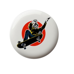 May include: A skeleton wearing a yellow shirt and blue jeans is skateboarding. The skateboard is black with red wheels. The skeleton is performing a trick with the skateboard. The background is a red circle.