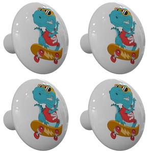 Set of 4 Cool Skateboarding T-Rex Dinosaur  Ceramic Drawer Knobs