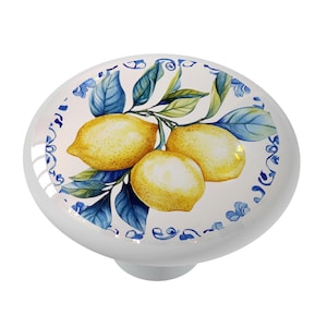 May include: White ceramic knob with a blue and white border and a watercolor painting of lemons on a branch with green leaves.