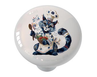 Perilla de cajón redonda de cerámica decorativa con diseño de gato chef de Talavera