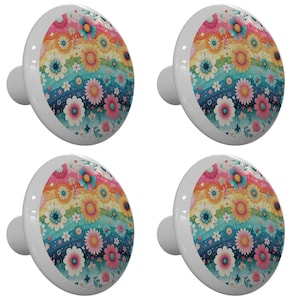 Set of 4 Rainbow Flowers Decorative Ceramic Round Drawer Knobs