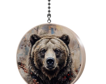 Winterberry Grizzly Bear Hardwood Oak Fan / Light Pull / Wood Fan Pull