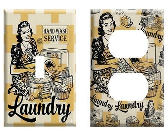 Retro Hand Wash Laundry Room Metal Light Switch and Outlet Cover Set