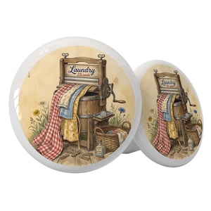 Set of 2 Ceramic Drawer Cabinet Knobs - Laundry Old Fashioned Wringer 1.5" Round