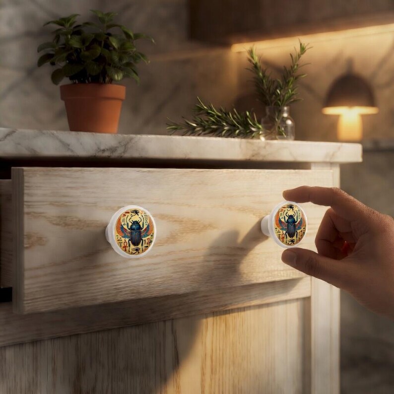 Puede incluir: Pomos de armario blancos con un dise&ntilde;o de escarabajo egipcio. Los pomos presentan un escarabajo azul con alas naranjas y s&iacute;mbolos jerogl&iacute;ficos sobre un fondo crema. Los pomos est&aacute;n fijados a un caj&oacute;n de madera clara.